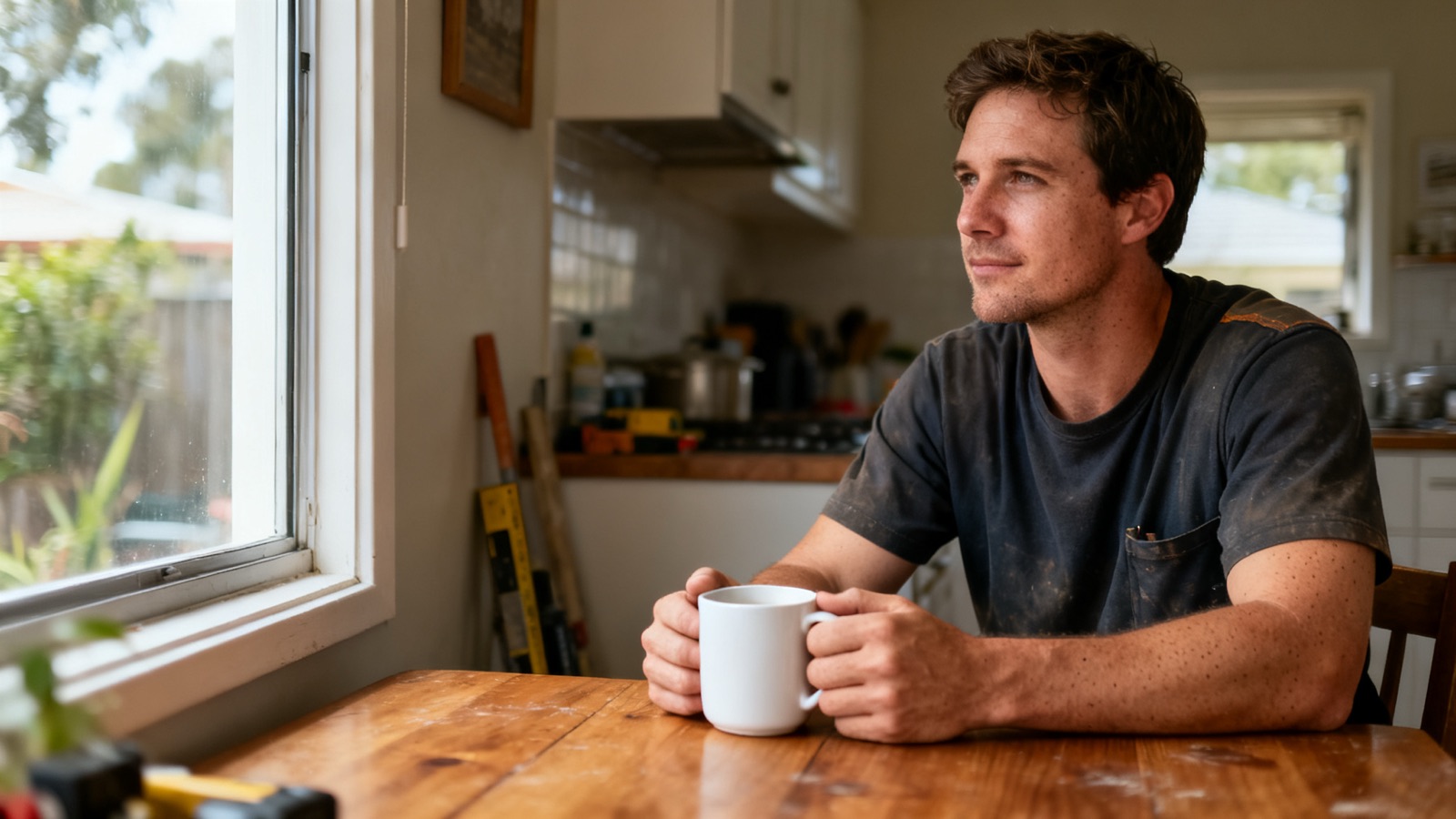 An Australian tradesperson sitting at a kitchen table with a coffee mug, looking out the window in morning light
