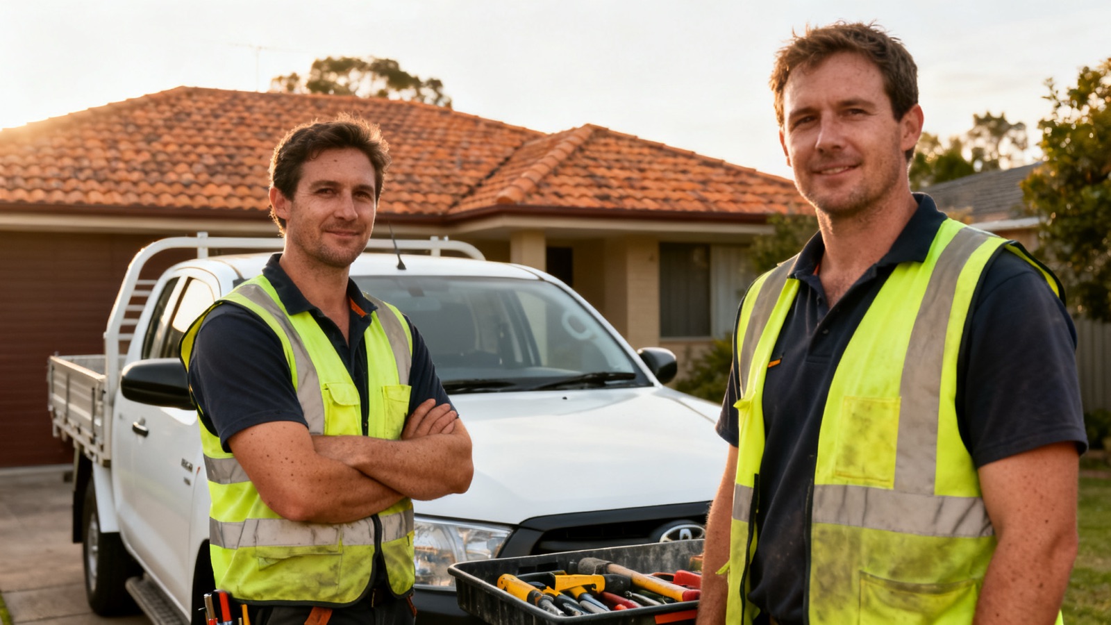 Two tradespeople standing beside a work ute in an Australian suburban driveway