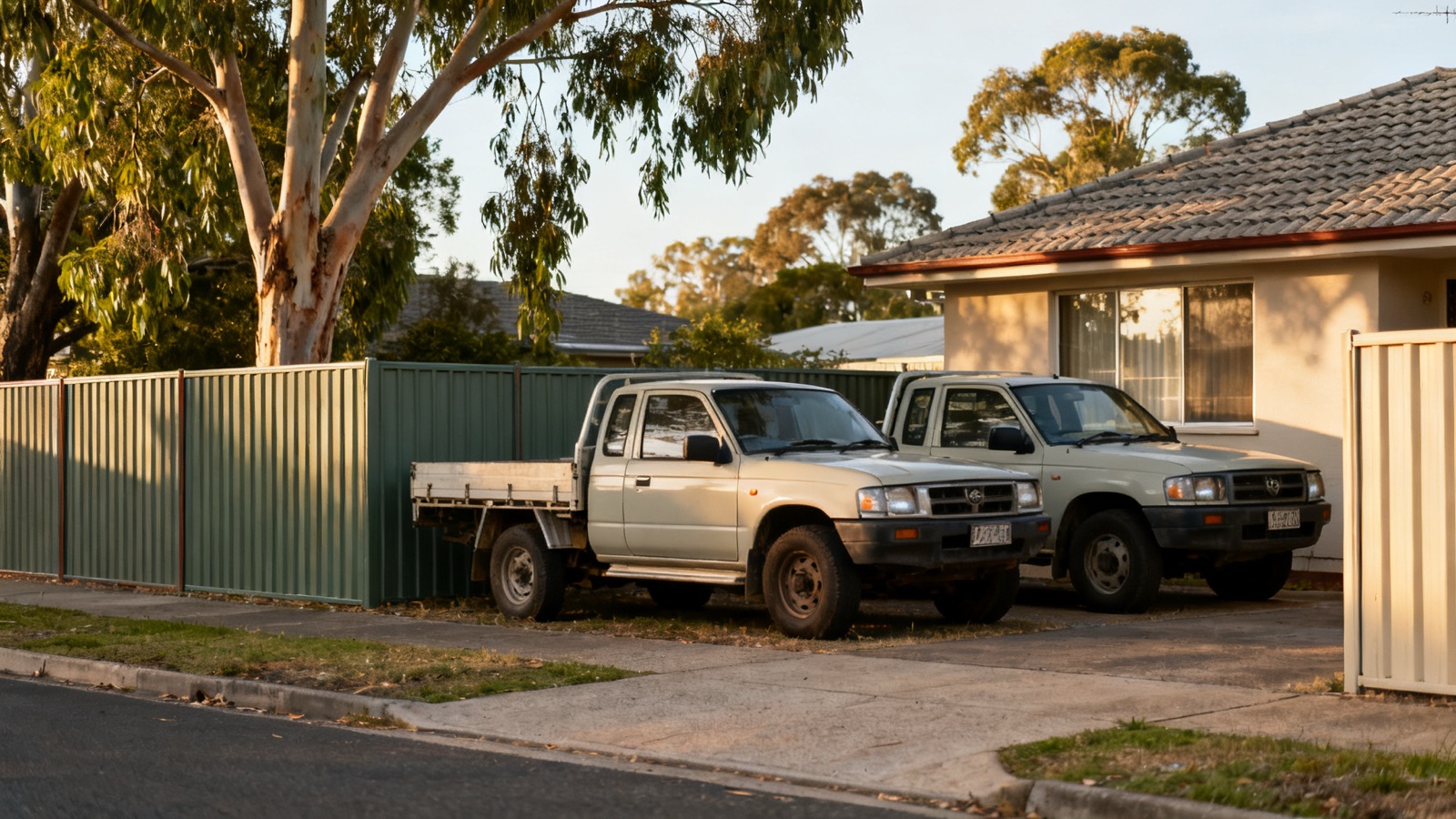 Two work vehicles parked on a quiet Australian residential street