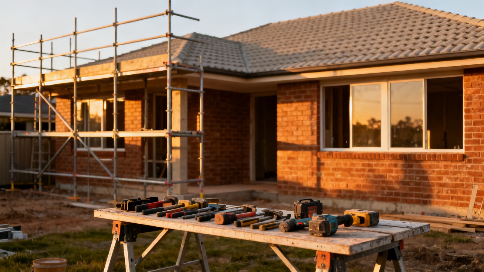 Australian residential construction site at golden hour with scaffolding and tools