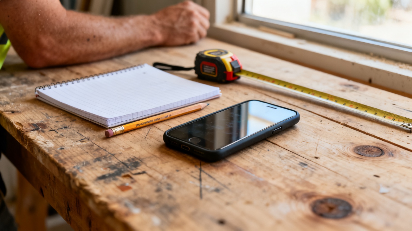 Tradesperson planning the week with a phone, notepad and tape measure on a timber workbench