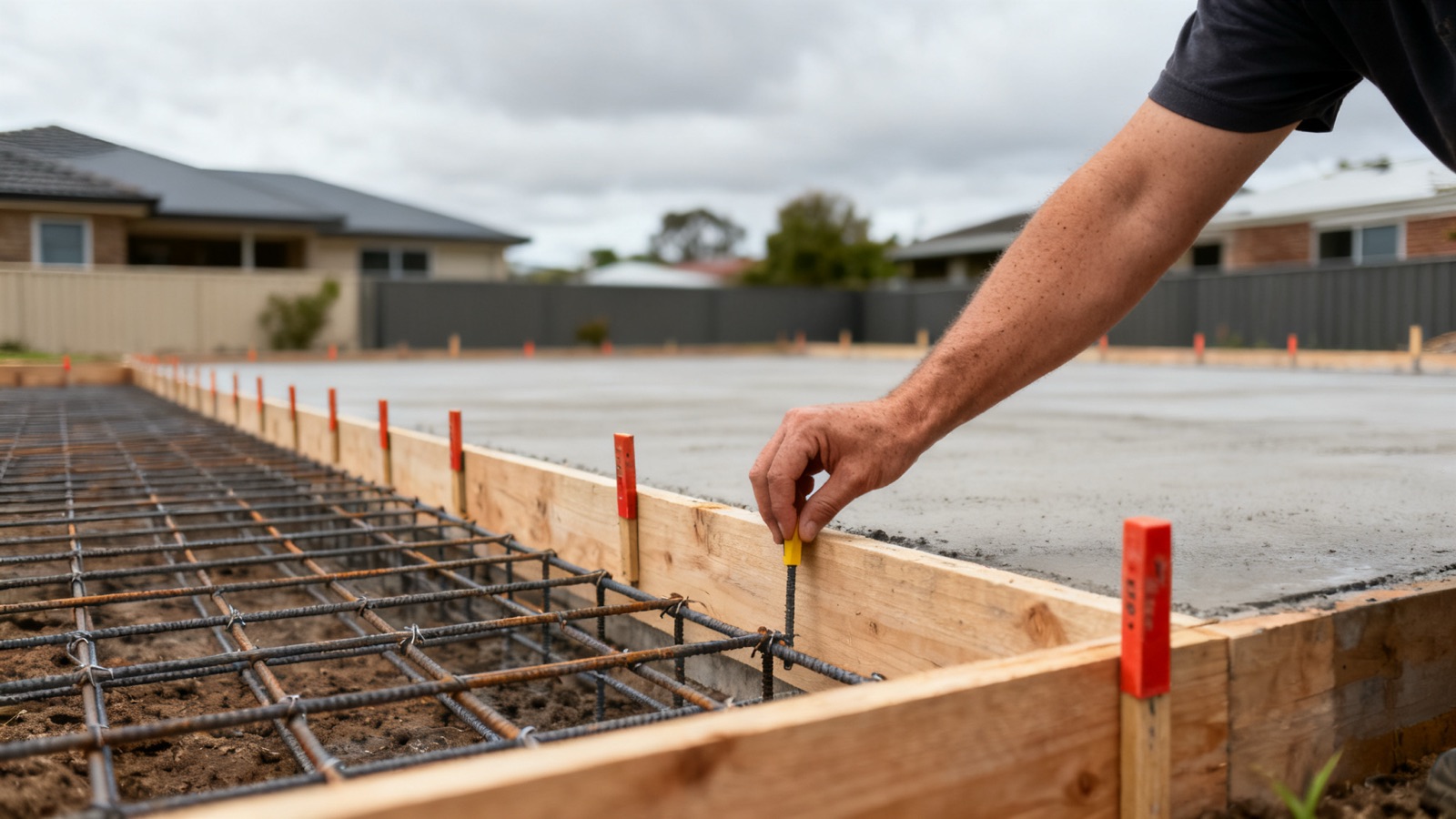 Timber formwork and steel reinforcement mesh ready for a residential concrete pour