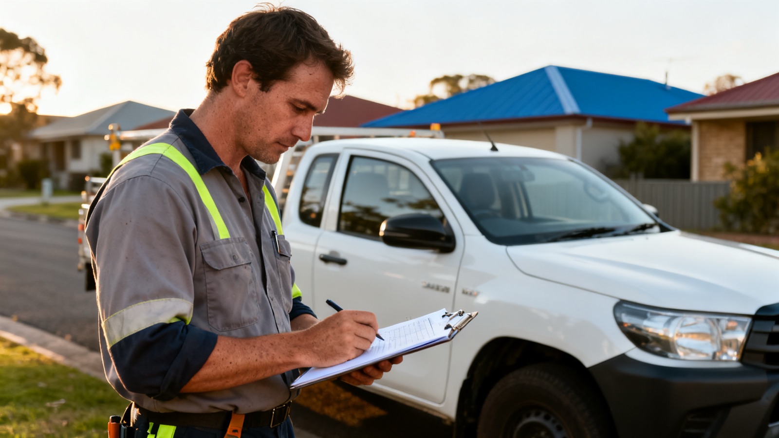 A tradesperson reviewing job notes beside a work vehicle on an Australian suburban street