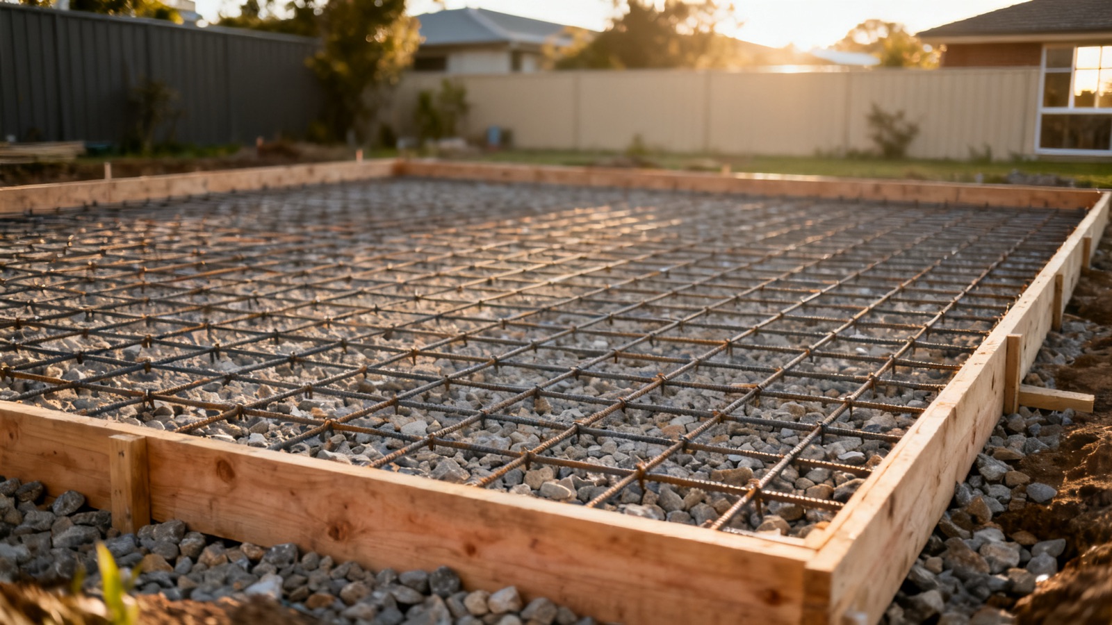 Australian residential concrete slab site at the formwork stage with steel reinforcement mesh on compacted crushed rock base