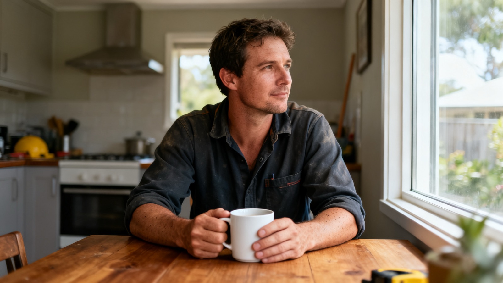 Tradesman sitting at a kitchen table with a coffee mug, thinking about pricing