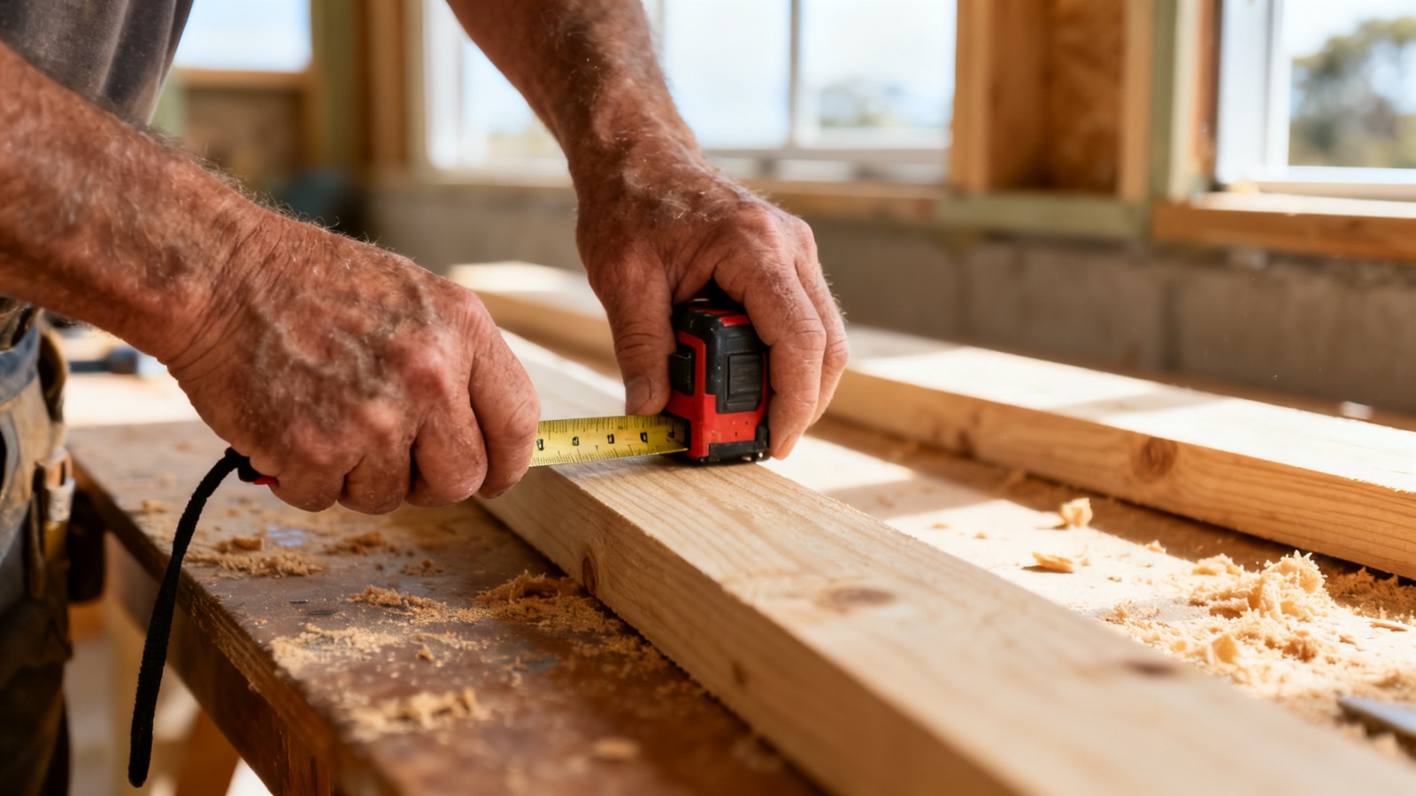 A carpenter measuring dressed pine timber on a workbench