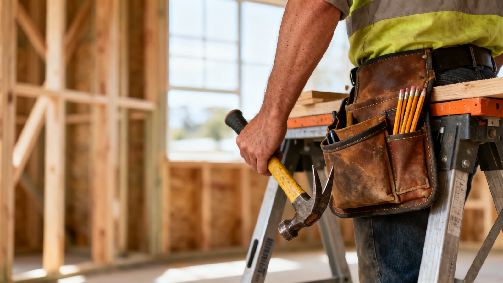 A carpenter's tool belt on a sawhorse at a building site