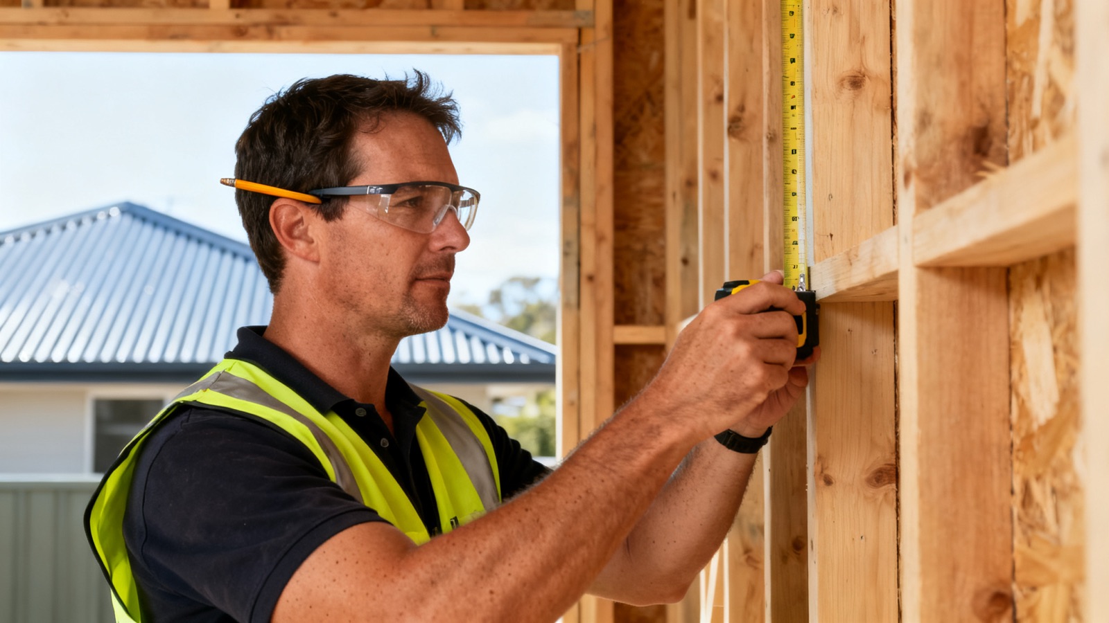 An Australian carpenter measuring timber framing on a residential building site