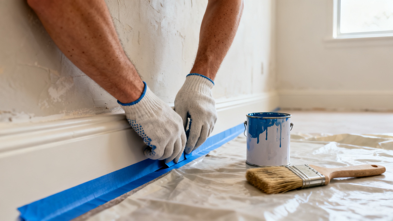 Painter masking a skirting board before priming bare plaster walls