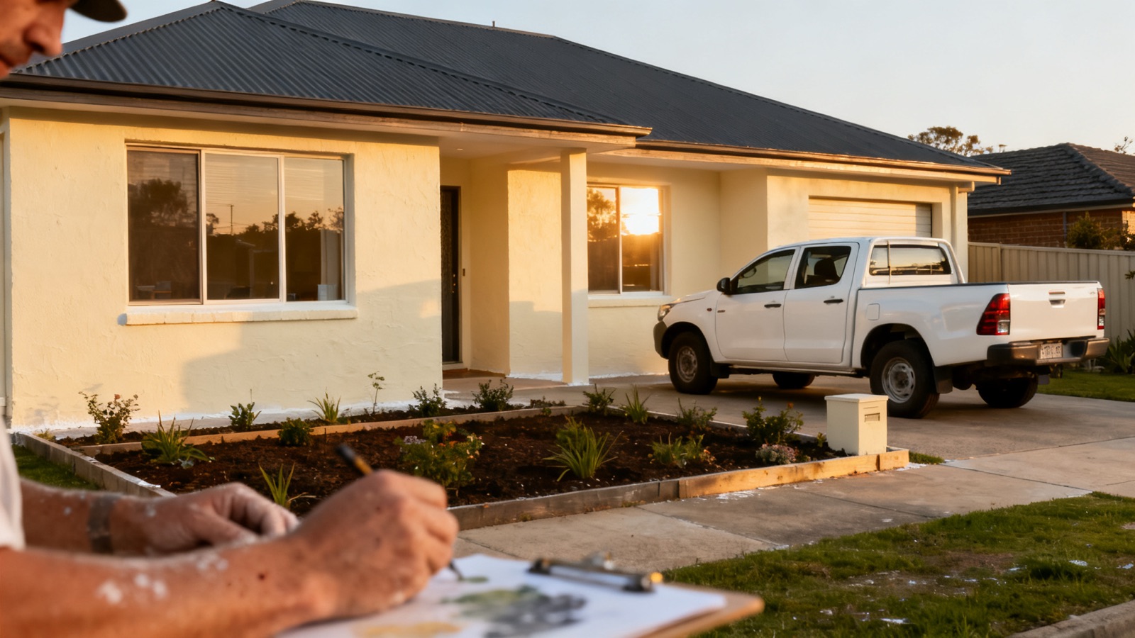 Freshly painted Australian home exterior with Colorbond roof at golden hour