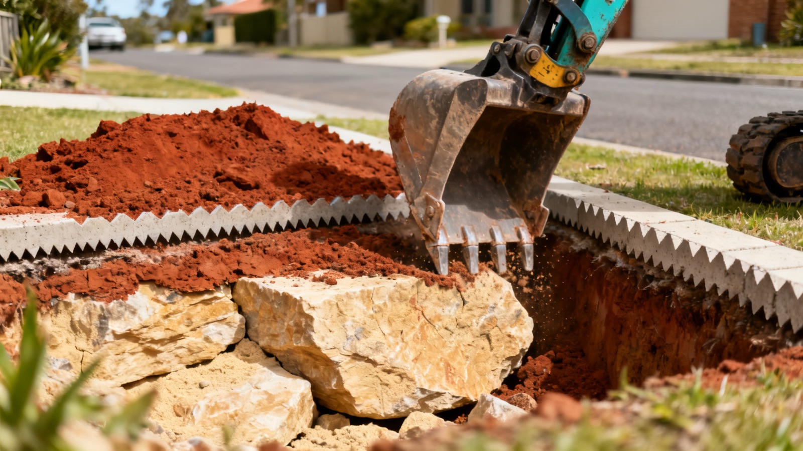 A mini excavator bucket breaking through sandstone rock in a residential trench