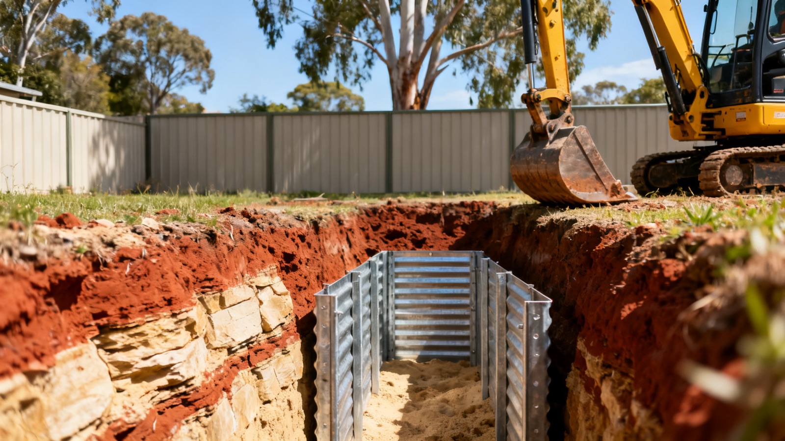 A trench on an Australian building site exposing layers of clay soil and sandstone rock beneath the surface