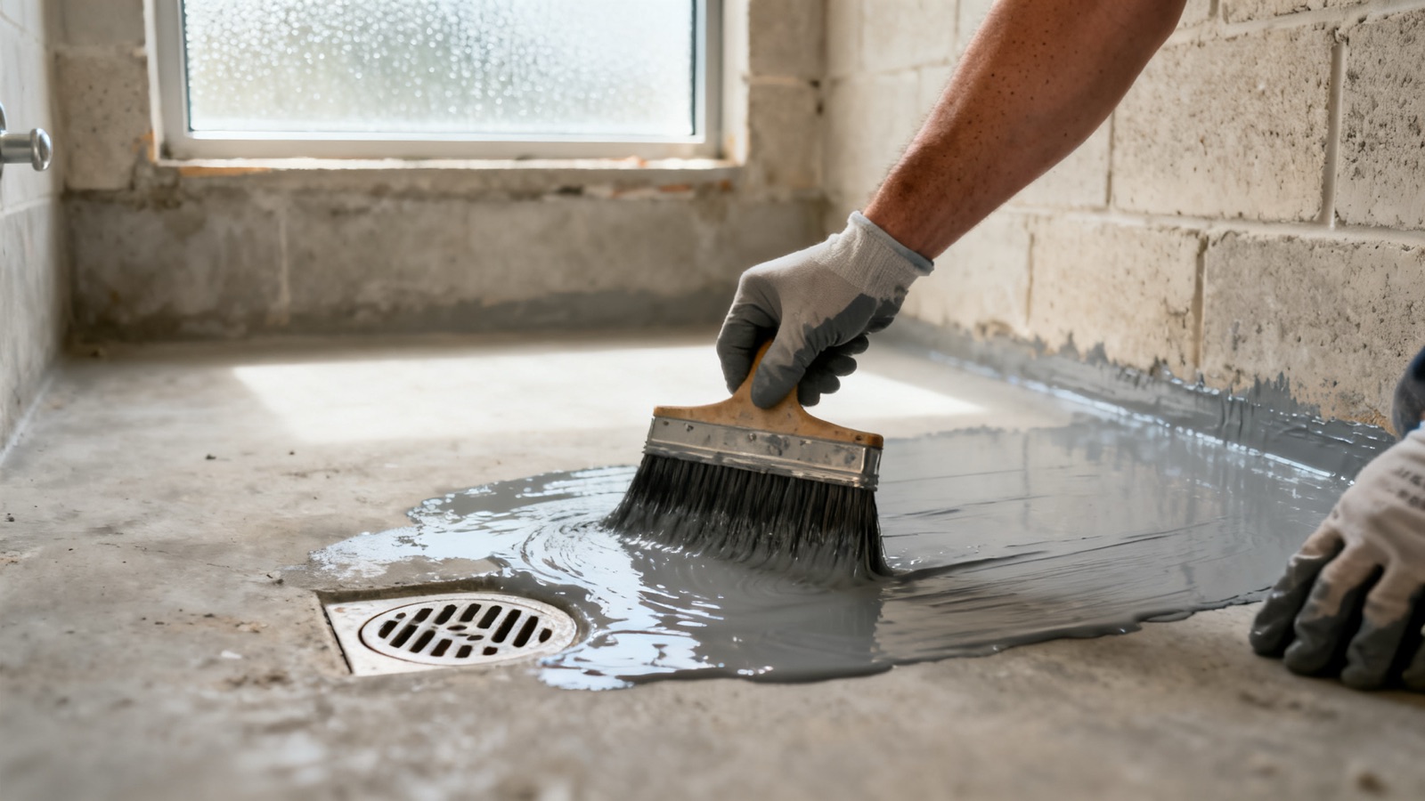 Applying liquid waterproofing membrane to a concrete bathroom floor around a drain
