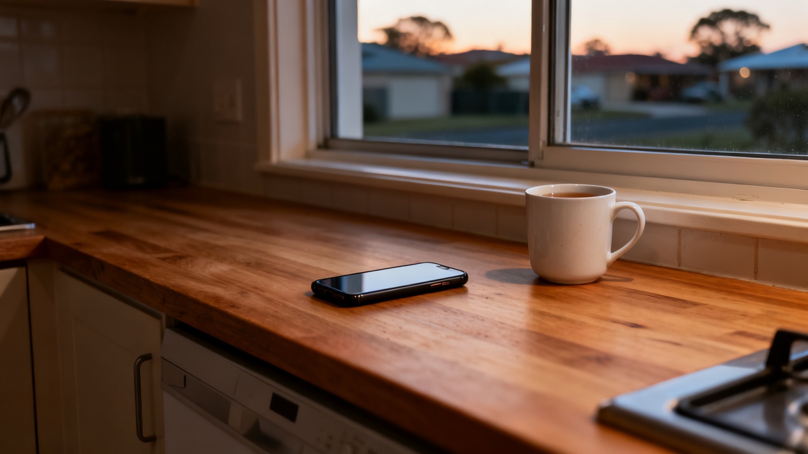 A tradie's phone face-down on a kitchen bench beside a mug of tea at dusk