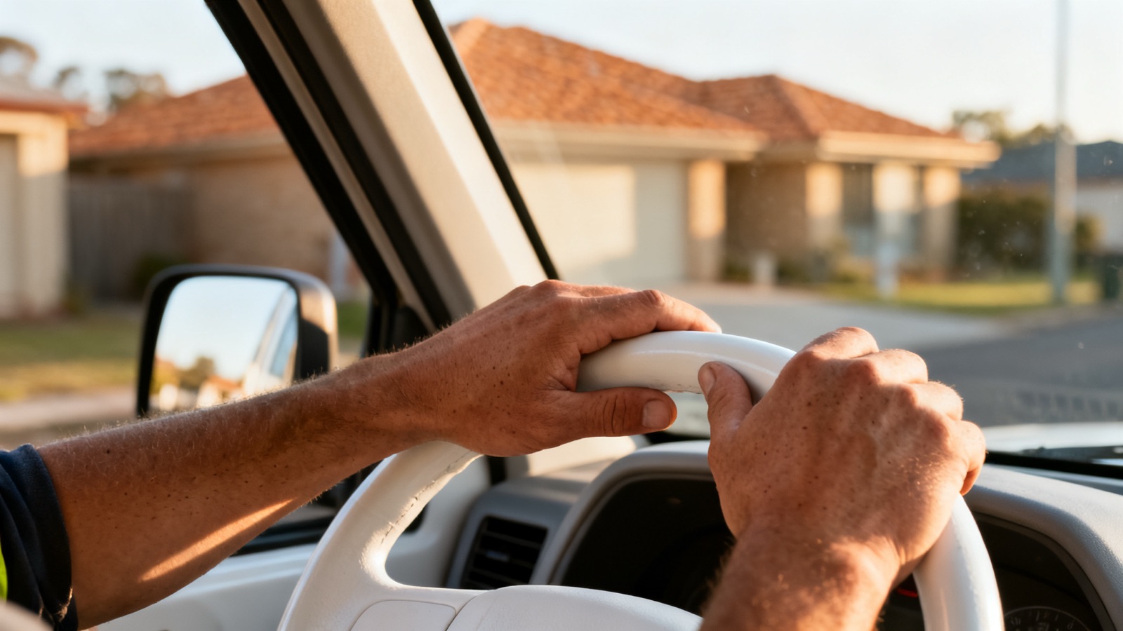 A tradesperson's hands on a ute steering wheel in an Australian suburb at dawn
