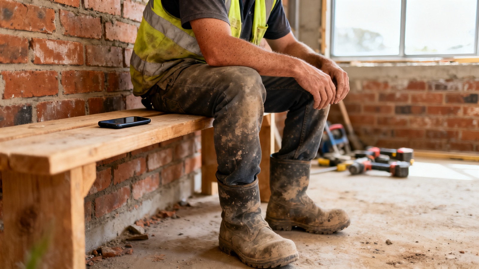 An Australian tradie's work phone face-down on a kitchen bench at dusk with a cup of tea beside it