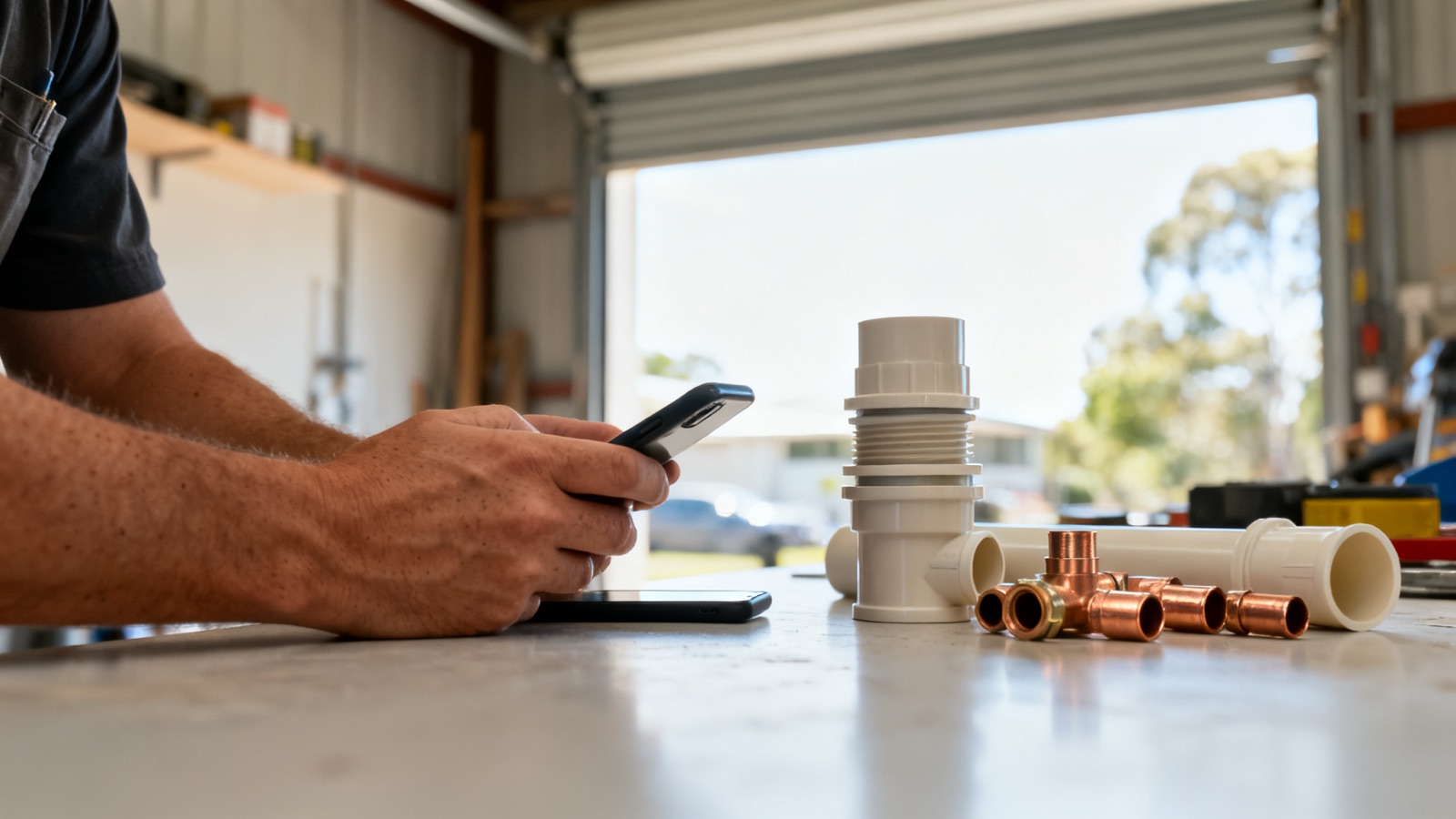 Tradesperson's hands beside plumbing fittings on a workbench