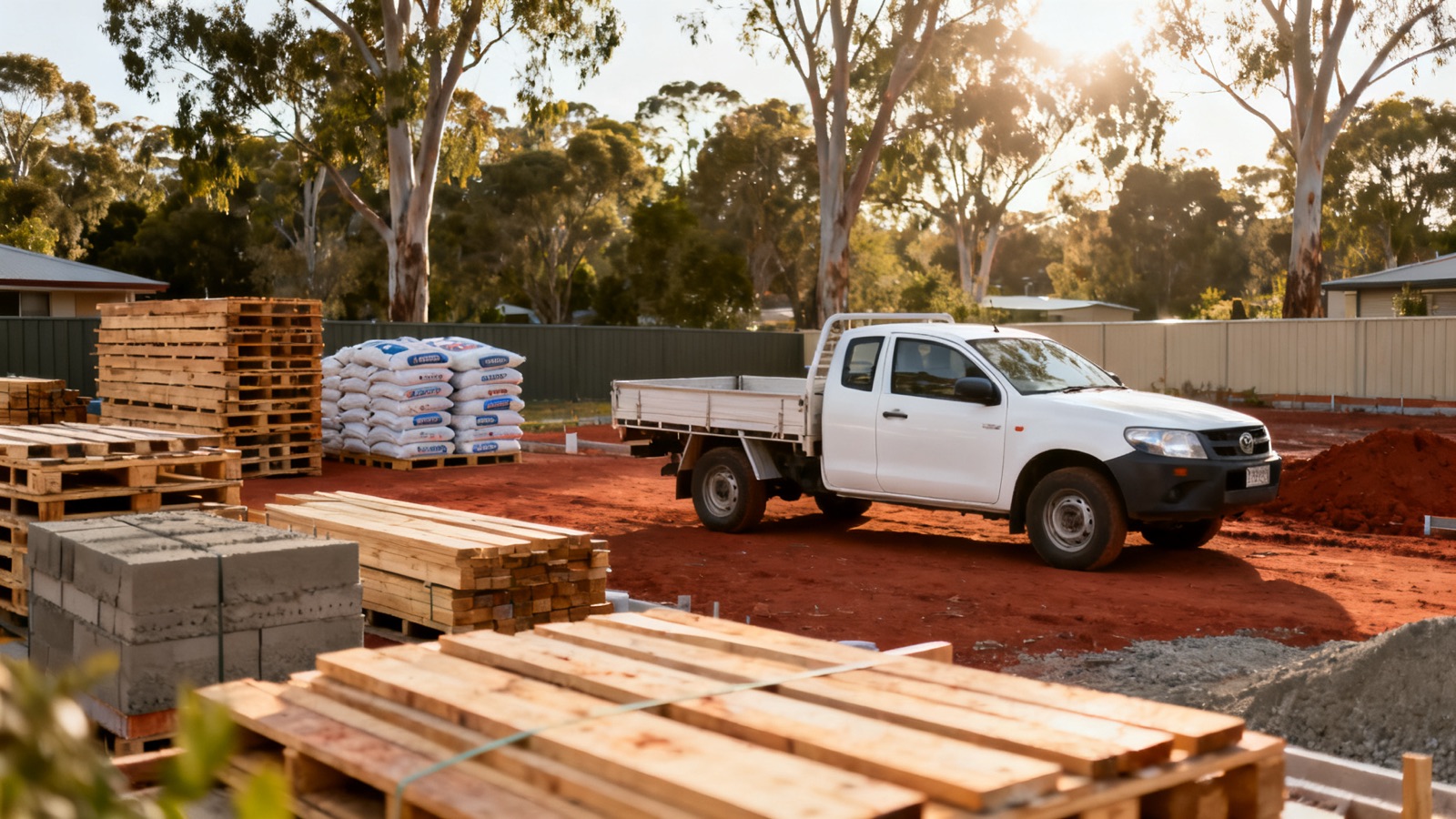 Organised materials on an Australian building site viewed from above