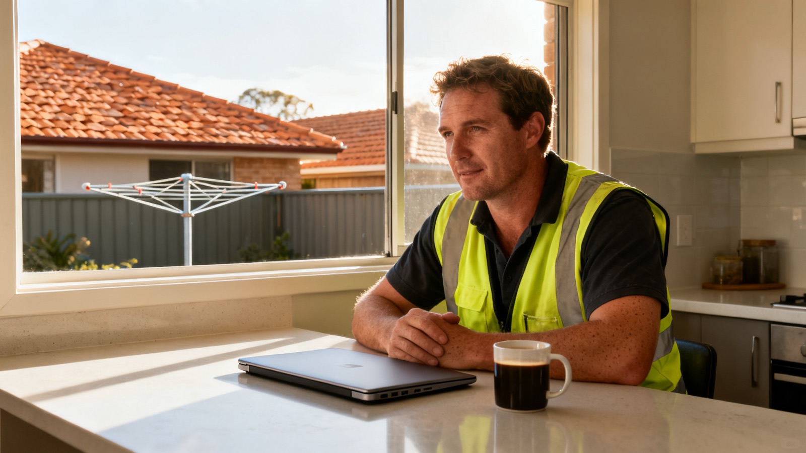 A tradesperson preparing for the day at a kitchen bench in an Australian home