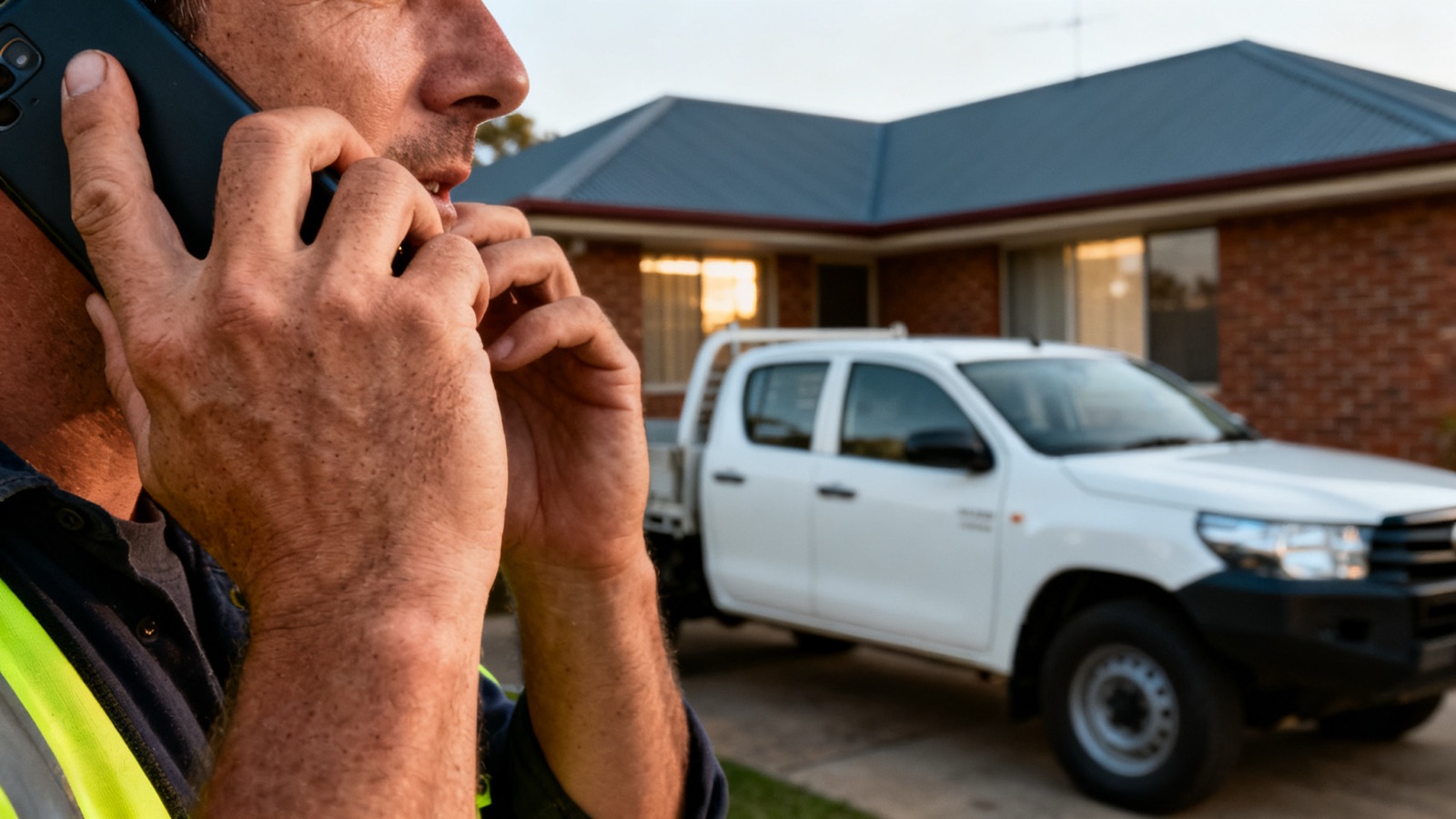 A tradesperson returning a call beside their work vehicle in an Australian driveway