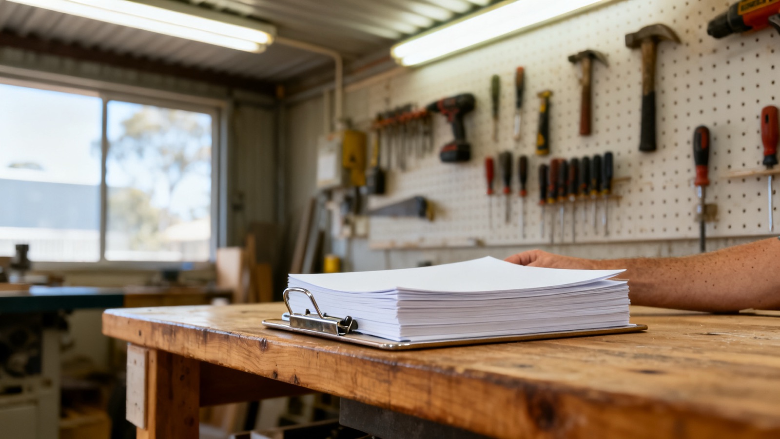 A clipboard with blank pages on a workshop bench surrounded by trade tools