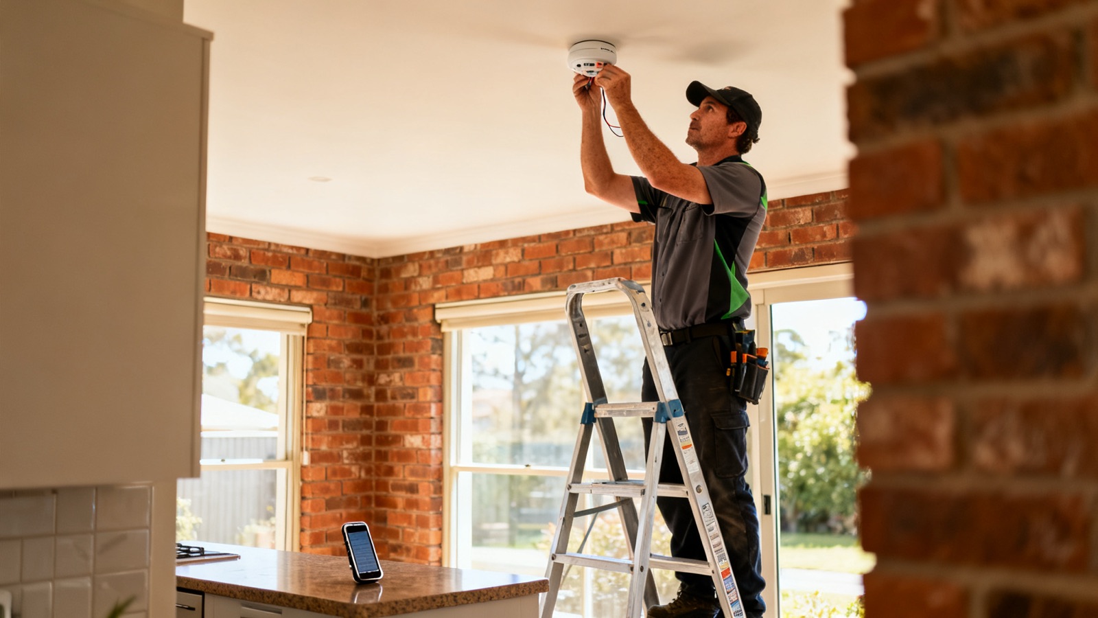 An Australian electrician on a ladder working on a ceiling-mounted smoke detector in a suburban brick home, phone sitting on the kitchen benchtop below