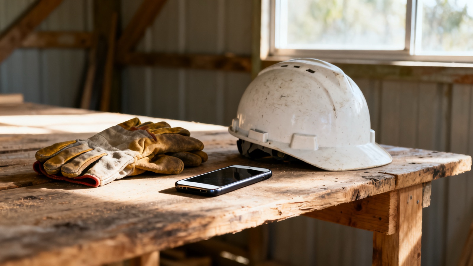 A smartphone on a timber workbench beside a pair of leather work gloves and a white hard hat, the screen showing a missed call notification
