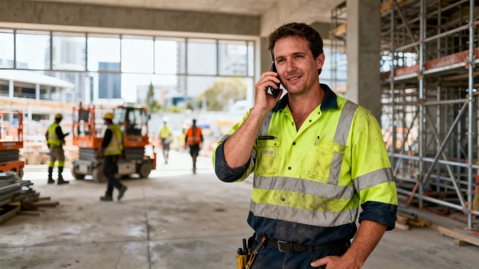 An Australian tradesperson in hi-vis on a construction site answering a phone call