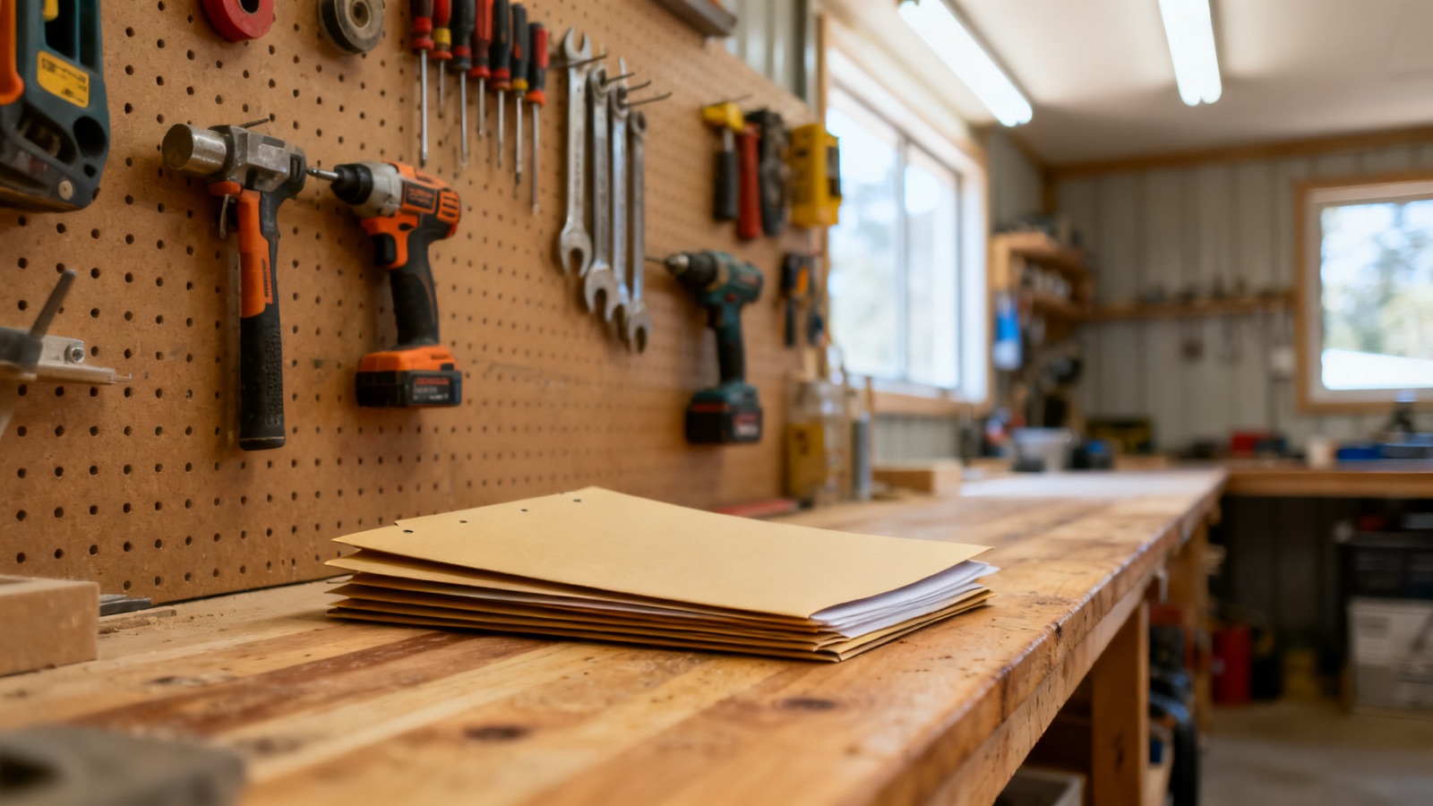 An organised workshop where a tradesperson manages their quoting paperwork
