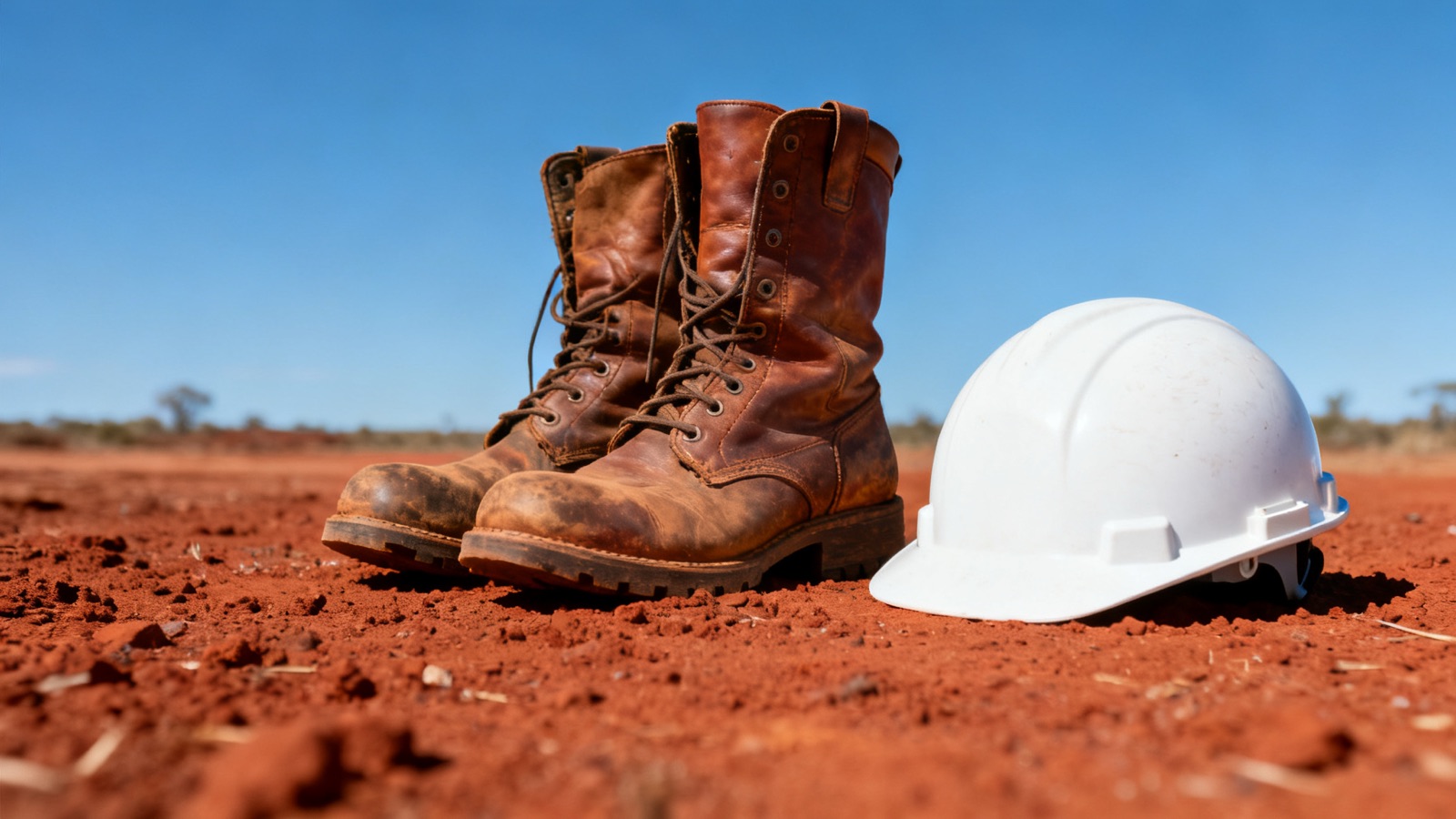 Worn leather work boots on red Australian soil beside a white hard hat
