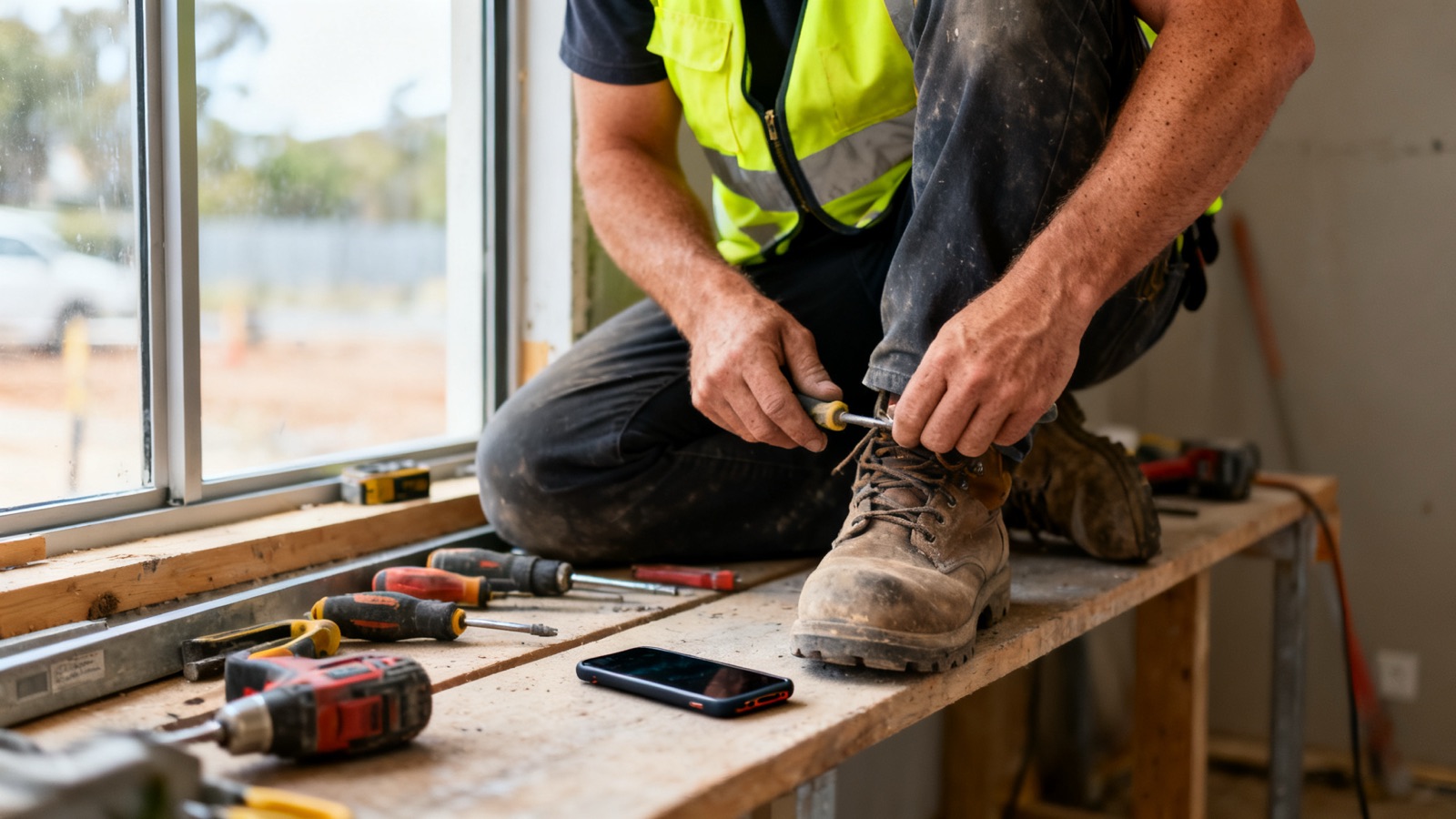 A tradesperson in a hi-vis vest sitting on a workbench at an Australian building site, phone face-down beside tools