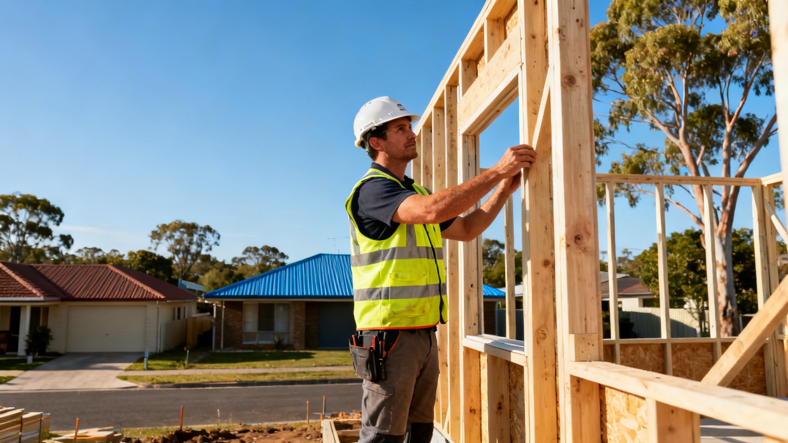 A builder inspecting timber wall framing on an Australian residential building site