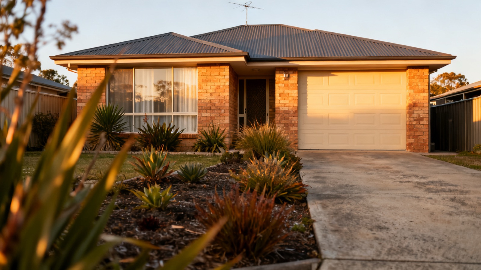 A completed single-storey brick-veneer home in an Australian suburb