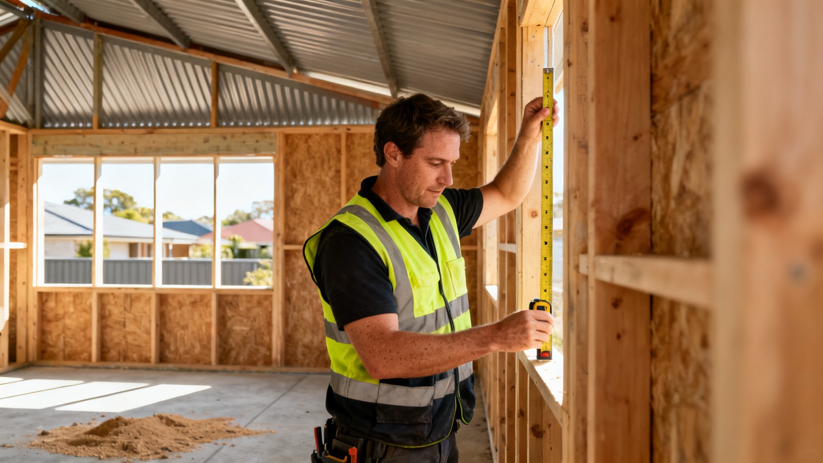 Carpenter measuring a timber wall frame inside an Australian house under construction
