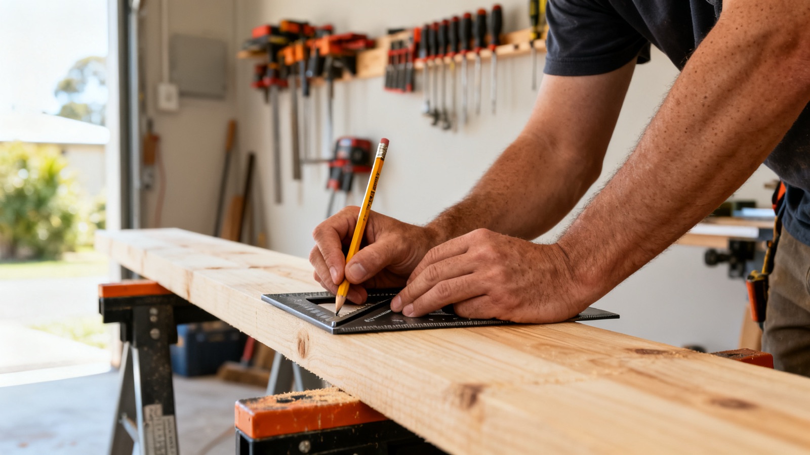 Carpenter marking a cut line on timber with a speed square