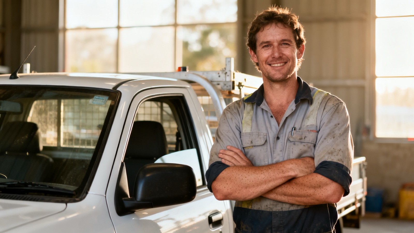 Australian tradesman standing next to a white ute in a workshop shed