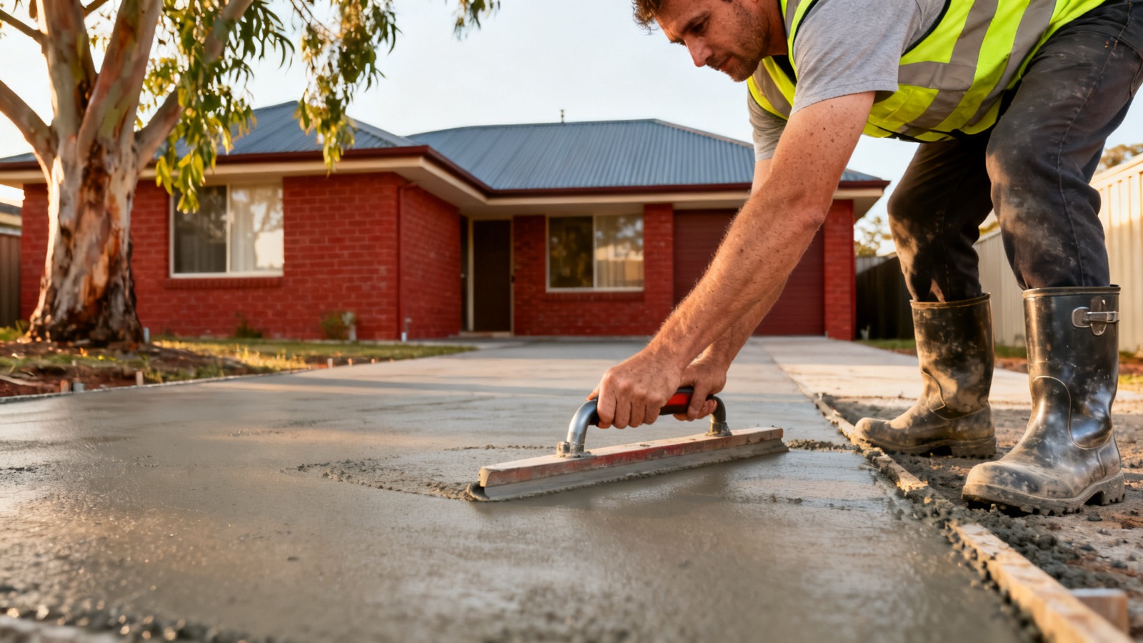 A concreter smoothing a freshly poured driveway slab at an Australian suburban home