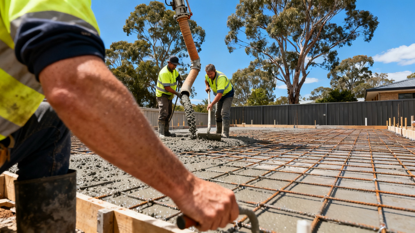 A concreting crew pouring a house slab on an Australian building site