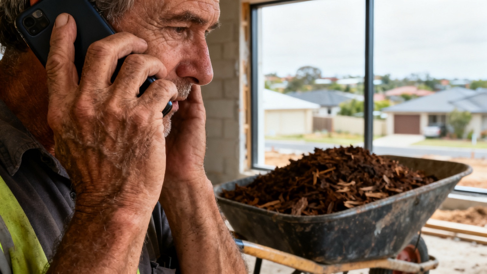 A landscaper taking a call on site beside a wheelbarrow of mulch