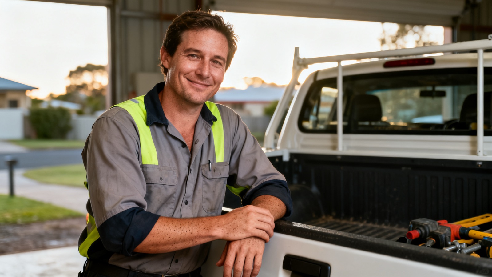 An Australian tradesperson in hi-vis leaning on a white ute tray