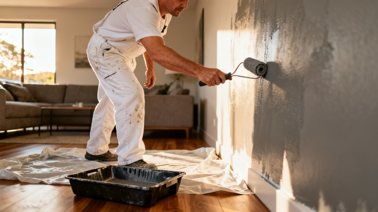 Painter rolling paint onto an interior wall of an Australian suburban home