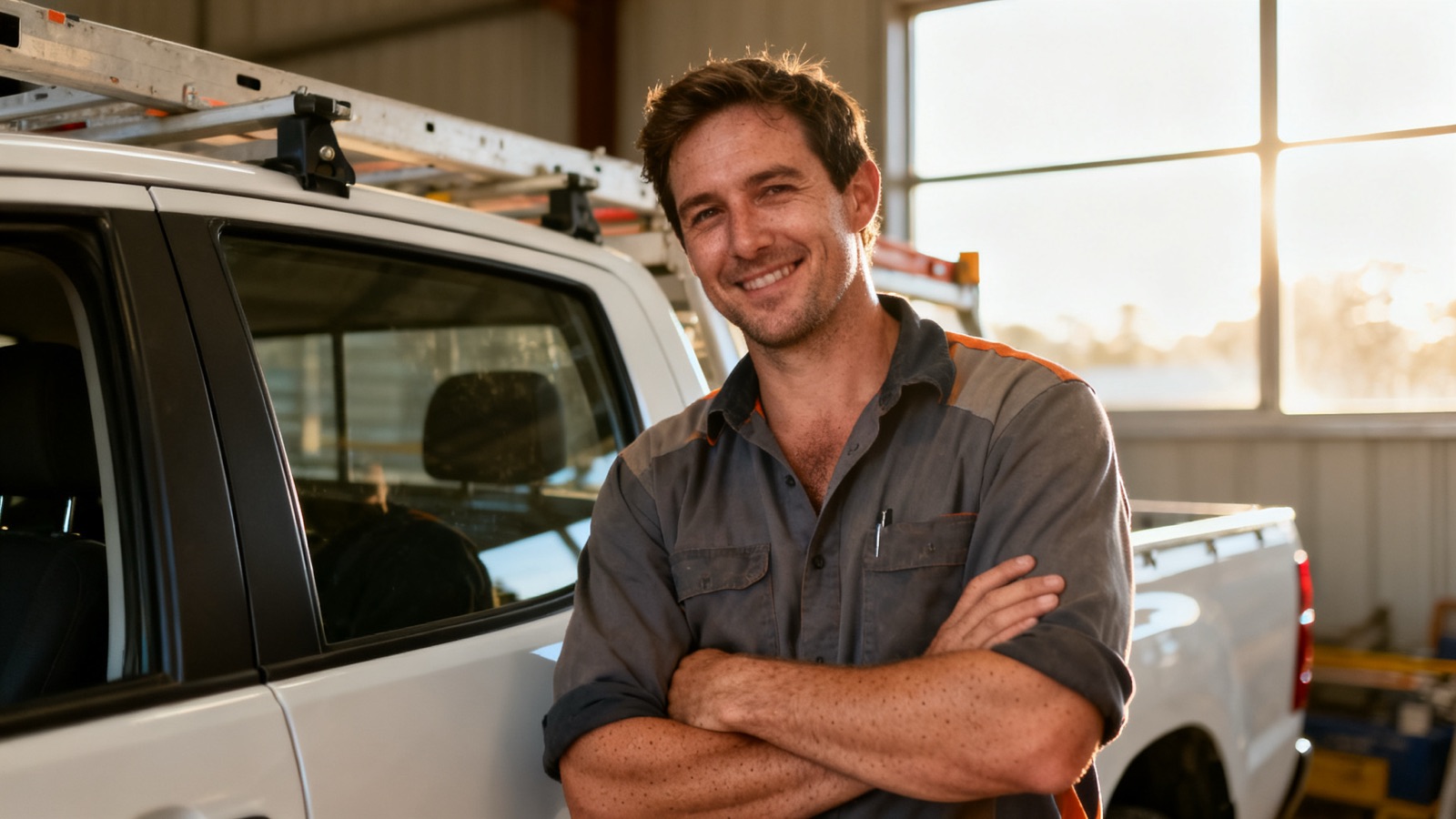 Australian painter working on the exterior of a suburban home at golden hour