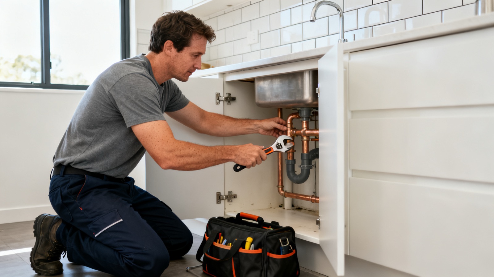 Plumber working on pipes under a kitchen sink in an Australian home
