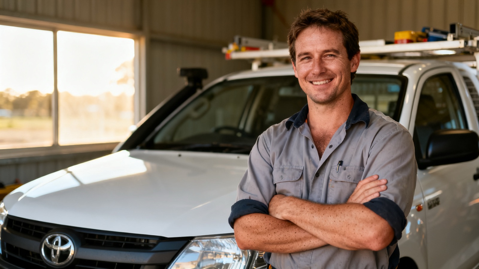 Australian plumber standing confidently in front of a work ute