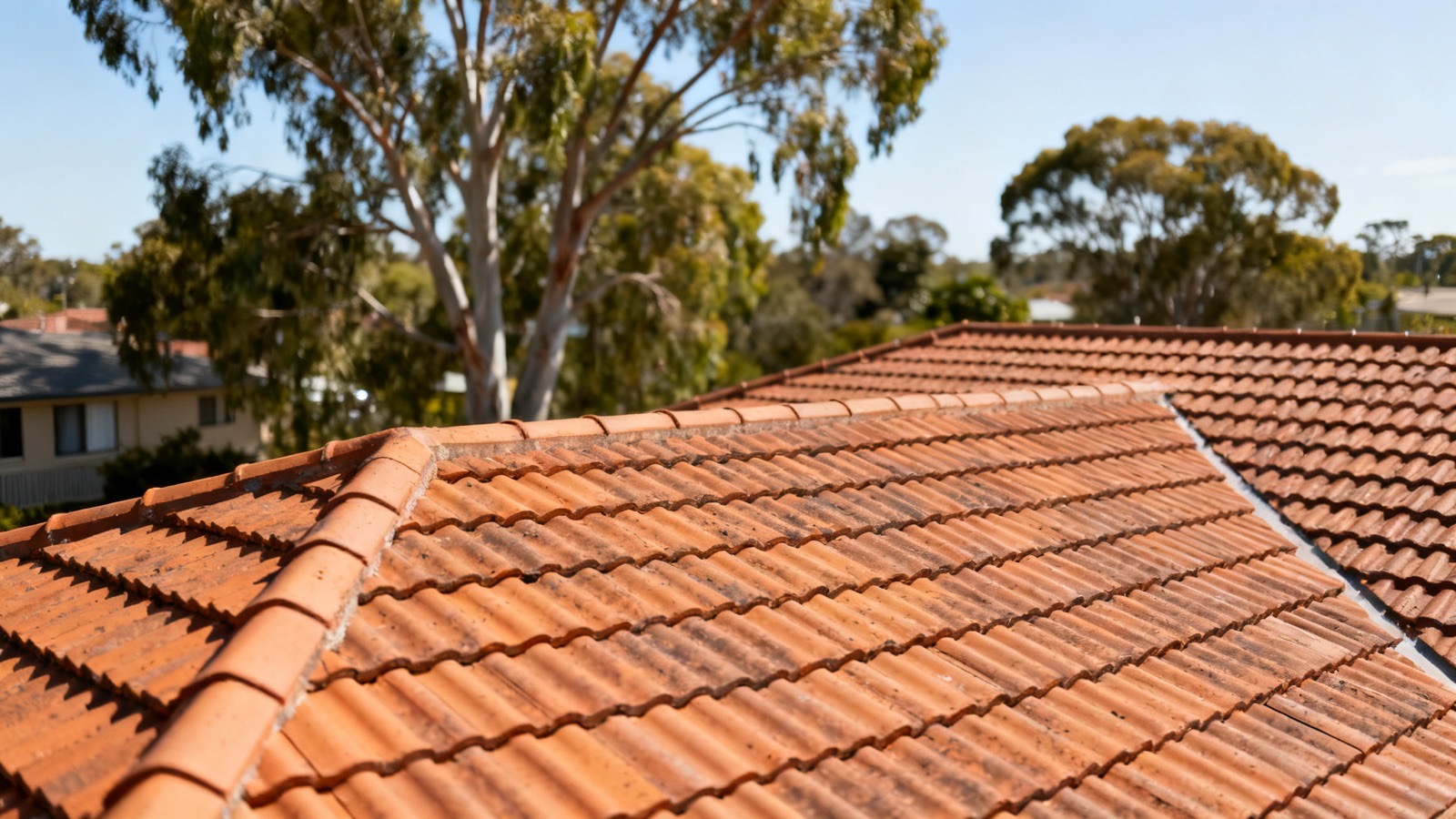 Terracotta roof tiles on a suburban Australian home in bright sunlight