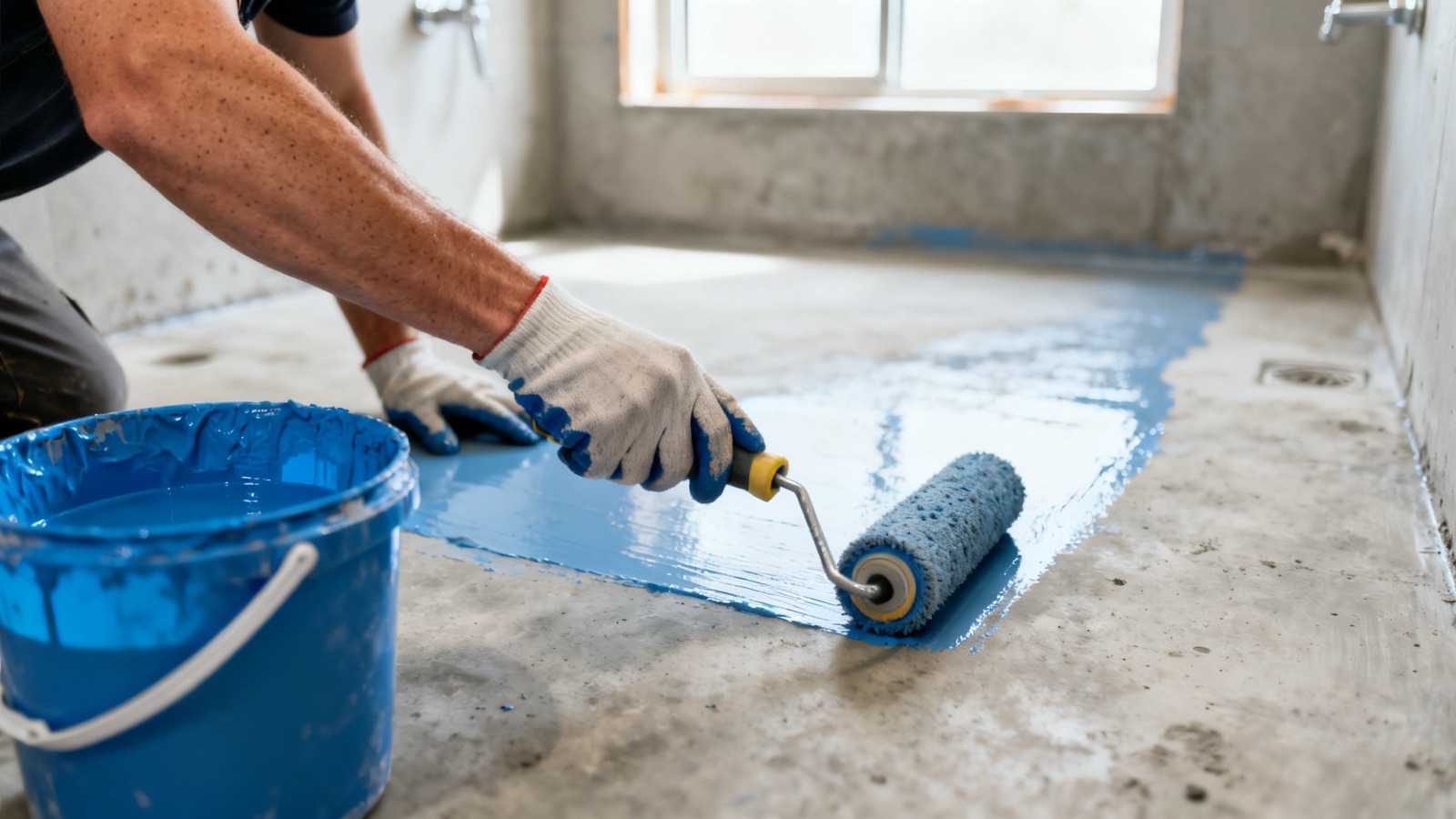 Applying waterproofing membrane to a bathroom floor with a roller