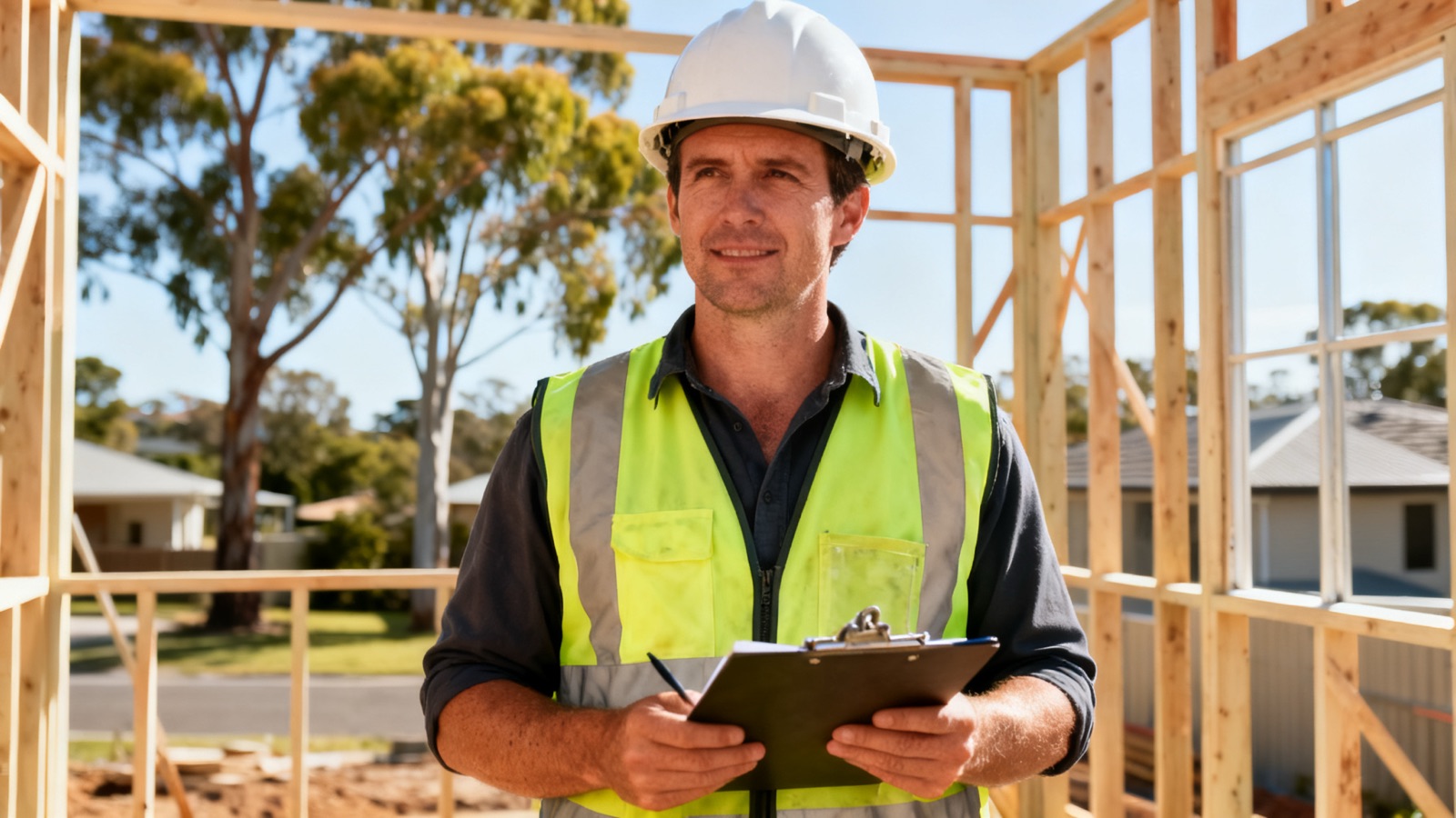 An Australian builder inspecting a residential timber frame on a building site