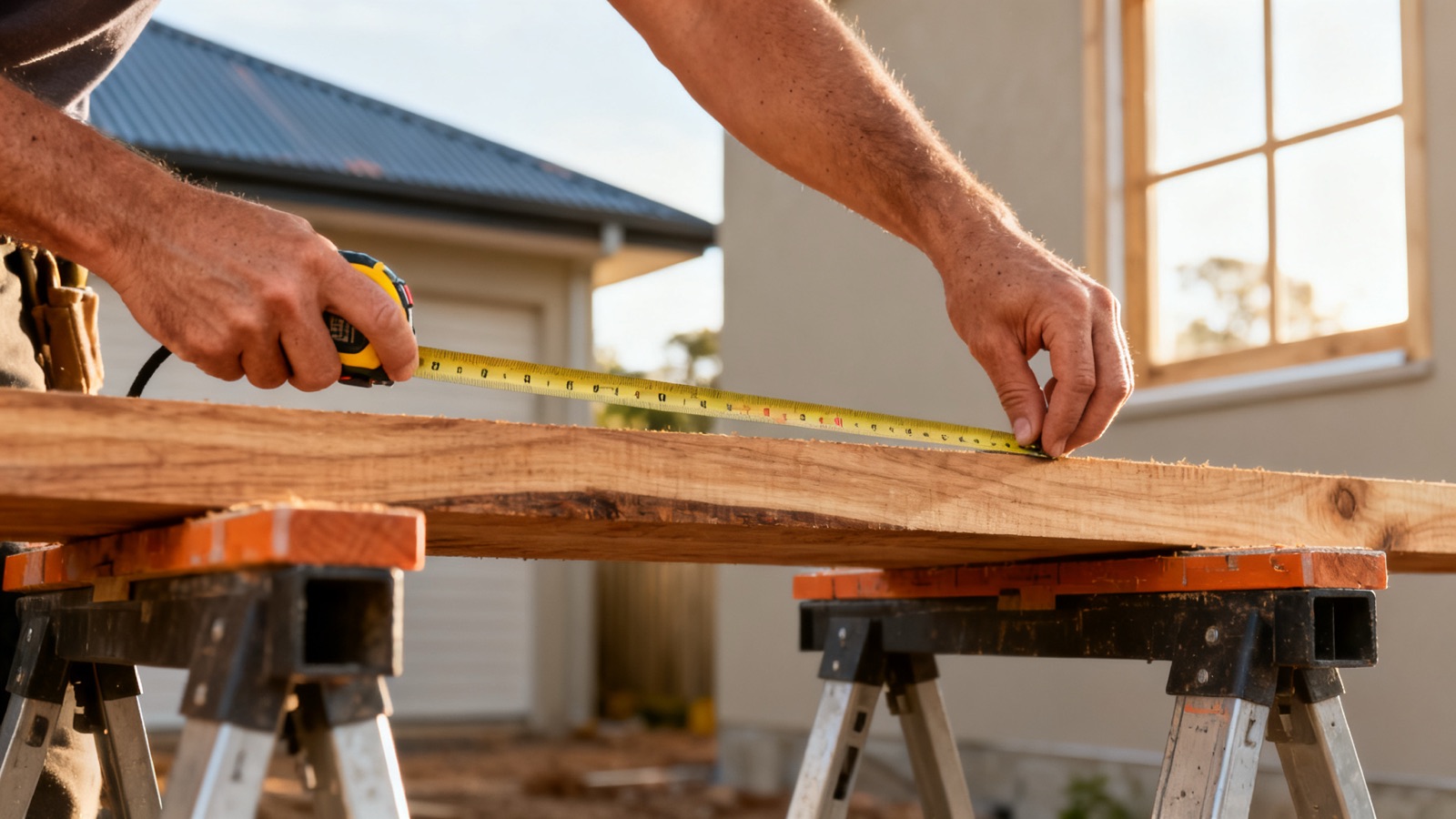 Stacked hardwood timber lengths and a tape measure on a worksite in Australian morning light