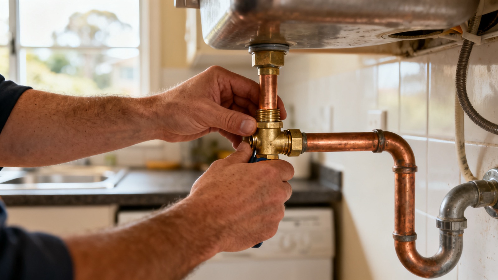 Plumber's hands tightening a brass fitting under a kitchen sink