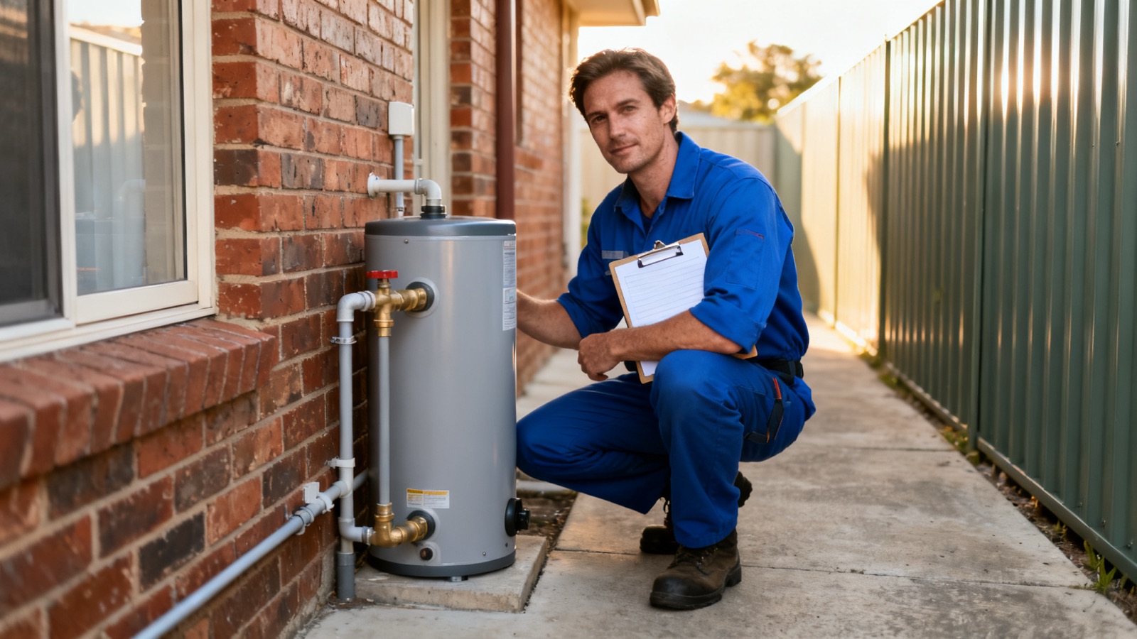 Plumber inspecting a hot water system beside an Australian brick home